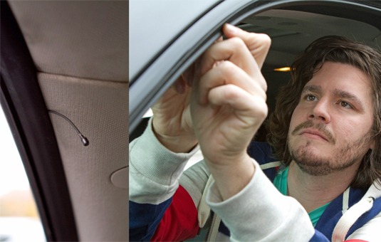 Sound mixer Sean O’Malley positioning the Countryman B6 microphone in the car.